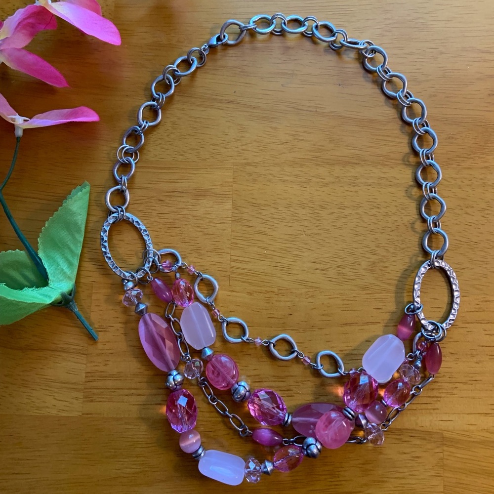 Bold and beautiful pink glass bead multi strand necklace, 20 inches